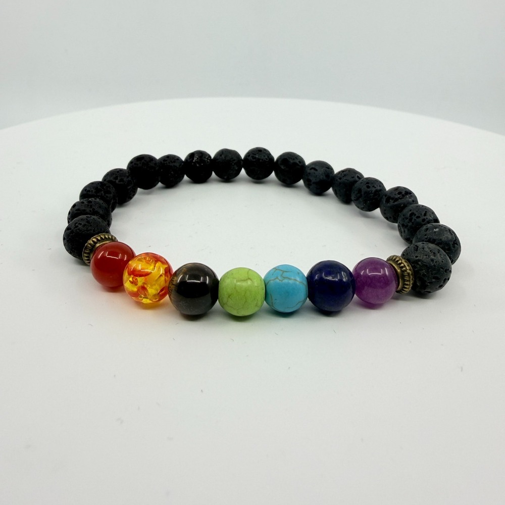 Vintage Modern Chakra Lava Rock Beaded Stretch Bracelet - Healing Stones